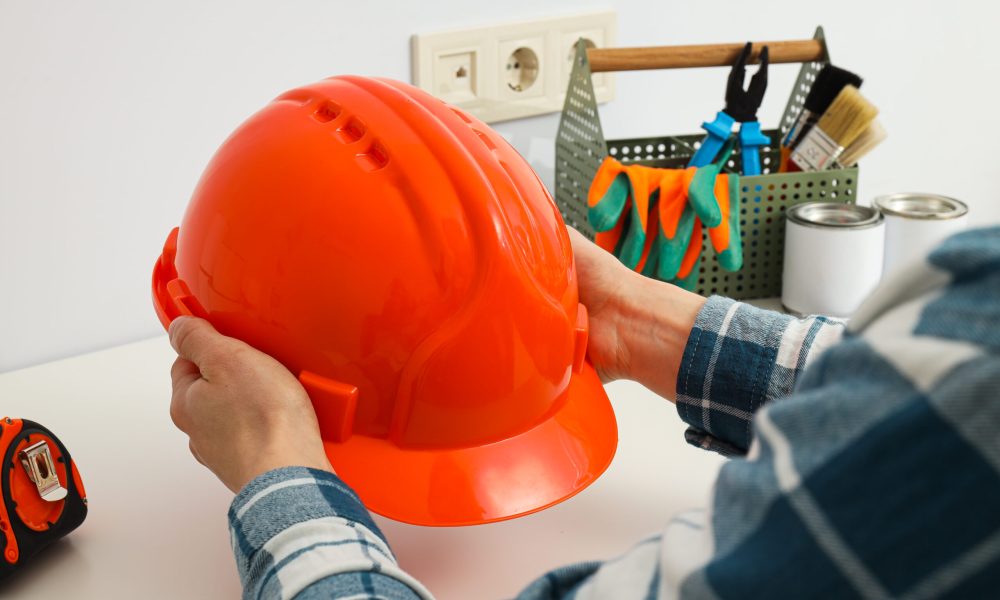 Concept of different work accessories, engineering supplies and tools